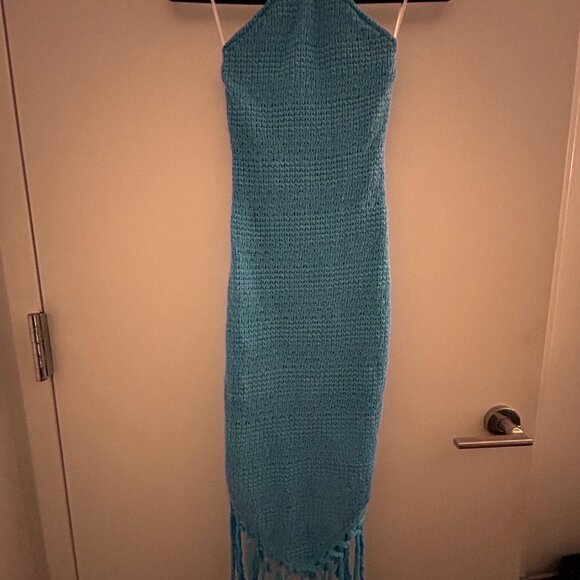 Blue Halter Dress Asymmetrical Fringe, XS - Picture 8 of 8